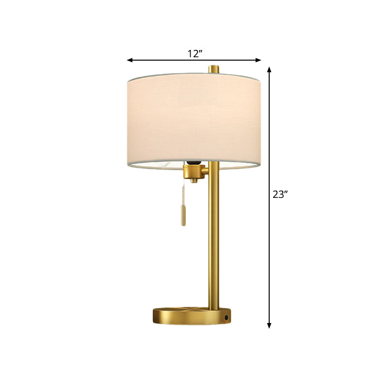Fabric Drum Shape Reading Lamp Rustic Single Bulb Bedroom Nightstand Light with Pull Chain in Gold Clearhalo 'Lamps' 'Table Lamps' Lighting' 1649386