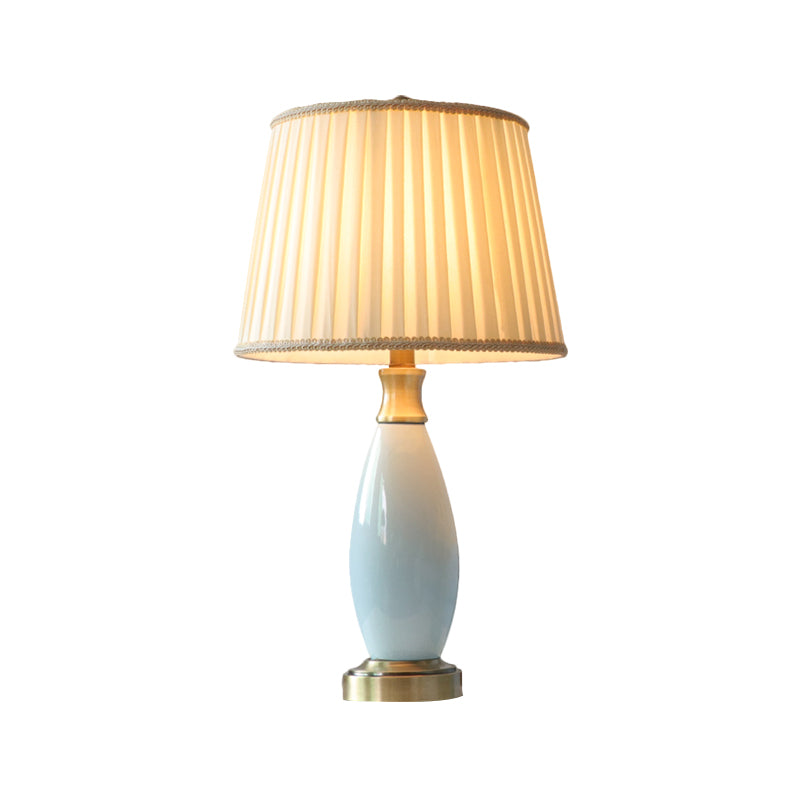 Retro Style Ridged Cone Night Light 1 Head Fabric Desk Lamp with Blue Ceramic Oval Decor in White Clearhalo 'Lamps' 'Table Lamps' Lighting' 1649389