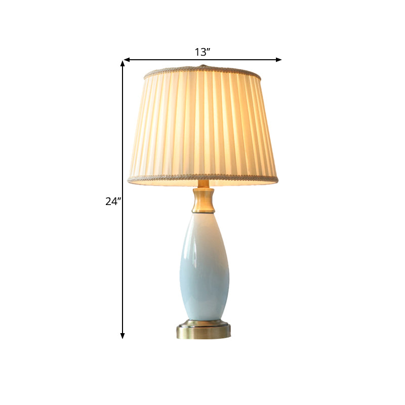 Retro Style Ridged Cone Night Light 1 Head Fabric Desk Lamp with Blue Ceramic Oval Decor in White Clearhalo 'Lamps' 'Table Lamps' Lighting' 1649390