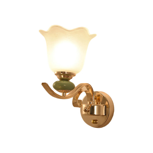 Floral Bedside Wall Lighting Retro Style Milky Glass 1/2-Light Gold Wall Mounted Lamp with Scroll Arm Clearhalo 'Wall Lamps & Sconces' 'Wall Lights' Lighting' 1649393