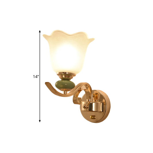 Floral Bedside Wall Lighting Retro Style Milky Glass 1/2-Light Gold Wall Mounted Lamp with Scroll Arm Clearhalo 'Wall Lamps & Sconces' 'Wall Lights' Lighting' 1649394