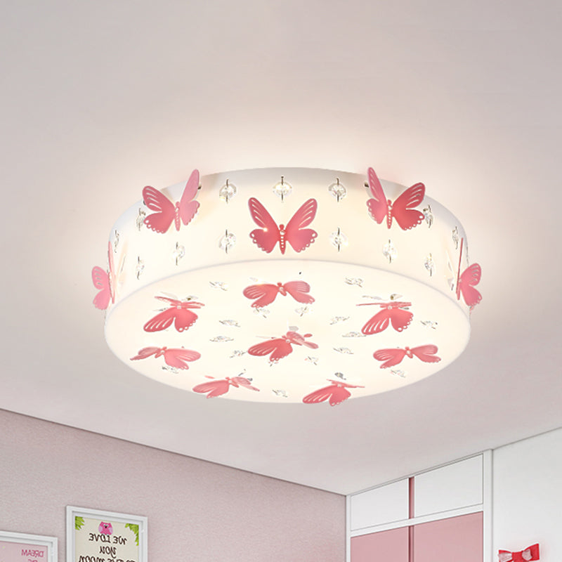 Round Flush Light Fixture Cartoon Fabric LED Pink Flush Mount with Dragonfly Decor in Warm/White Light Clearhalo 'Ceiling Lights' 'Close To Ceiling Lights' 'Close to ceiling' 'Flush mount' Lighting' 1649425