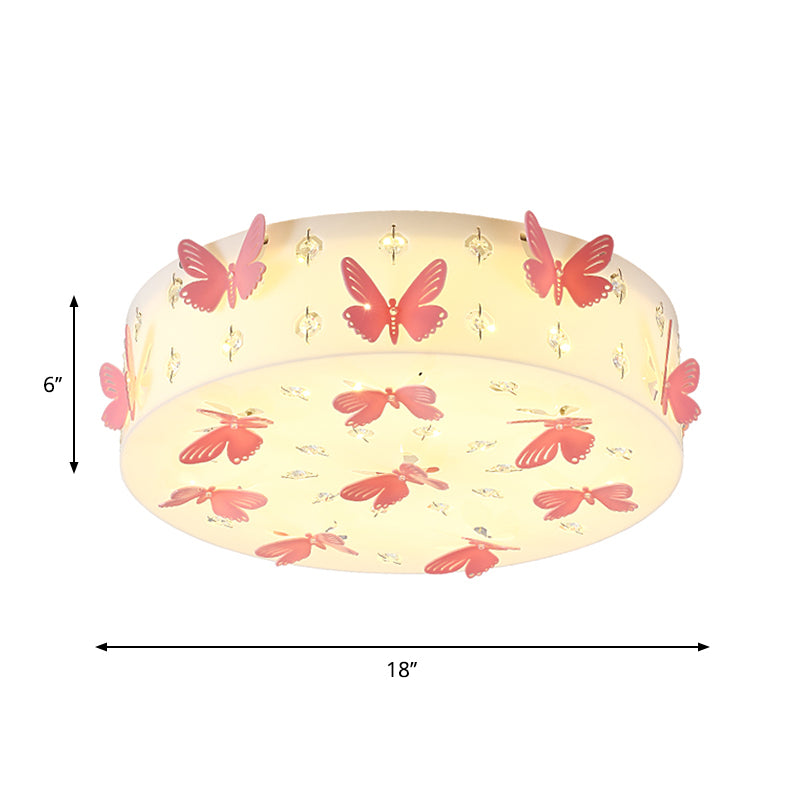 Round Flush Light Fixture Cartoon Fabric LED Pink Flush Mount with Dragonfly Decor in Warm/White Light Clearhalo 'Ceiling Lights' 'Close To Ceiling Lights' 'Close to ceiling' 'Flush mount' Lighting' 1649427
