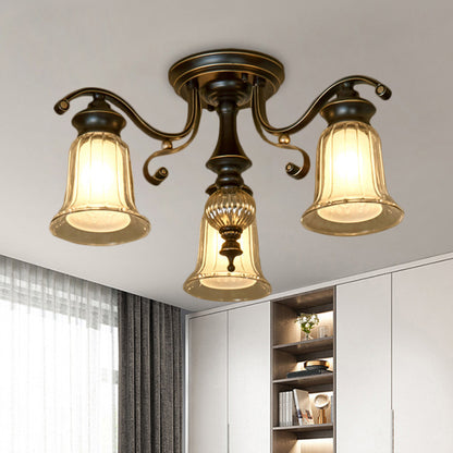 3/6 Bulbs Ceiling Fixture Cottage Dual Bell Clear and Opal Glass Semi Flush Mount in Black 3 Black Clearhalo 'Ceiling Lights' 'Close To Ceiling Lights' 'Close to ceiling' 'Semi-flushmount' Lighting' 1649455