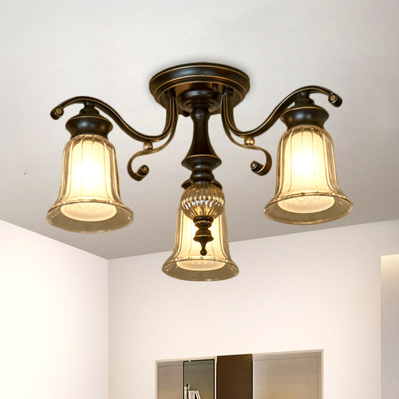 3/6 Bulbs Ceiling Fixture Cottage Dual Bell Clear and Opal Glass Semi Flush Mount in Black Clearhalo 'Ceiling Lights' 'Close To Ceiling Lights' 'Close to ceiling' 'Semi-flushmount' Lighting' 1649456