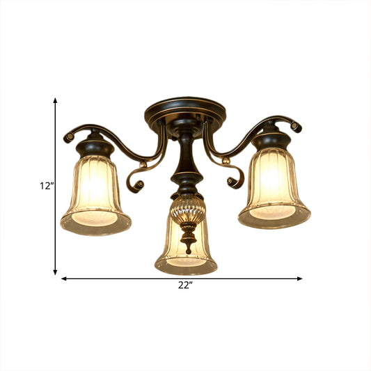3/6 Bulbs Ceiling Fixture Cottage Dual Bell Clear and Opal Glass Semi Flush Mount in Black Clearhalo 'Ceiling Lights' 'Close To Ceiling Lights' 'Close to ceiling' 'Semi-flushmount' Lighting' 1649458