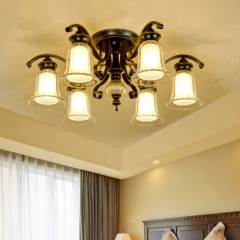 3/6 Bulbs Ceiling Fixture Cottage Dual Bell Clear and Opal Glass Semi Flush Mount in Black 6 Black Clearhalo 'Ceiling Lights' 'Close To Ceiling Lights' 'Close to ceiling' 'Semi-flushmount' Lighting' 1649459