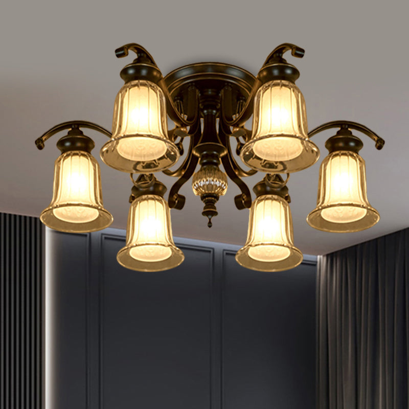 3/6 Bulbs Ceiling Fixture Cottage Dual Bell Clear and Opal Glass Semi Flush Mount in Black Clearhalo 'Ceiling Lights' 'Close To Ceiling Lights' 'Close to ceiling' 'Semi-flushmount' Lighting' 1649460