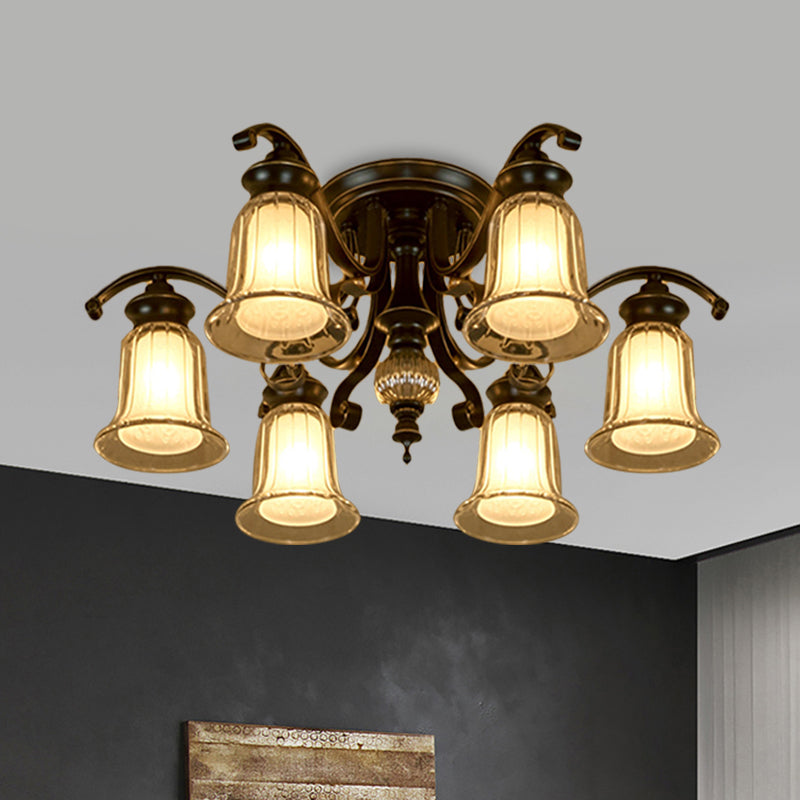 3/6 Bulbs Ceiling Fixture Cottage Dual Bell Clear and Opal Glass Semi Flush Mount in Black Clearhalo 'Ceiling Lights' 'Close To Ceiling Lights' 'Close to ceiling' 'Semi-flushmount' Lighting' 1649461