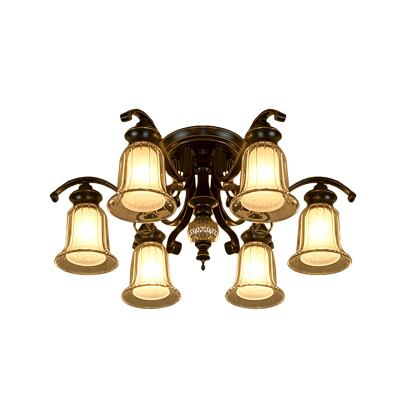 3/6 Bulbs Ceiling Fixture Cottage Dual Bell Clear and Opal Glass Semi Flush Mount in Black Clearhalo 'Ceiling Lights' 'Close To Ceiling Lights' 'Close to ceiling' 'Semi-flushmount' Lighting' 1649462