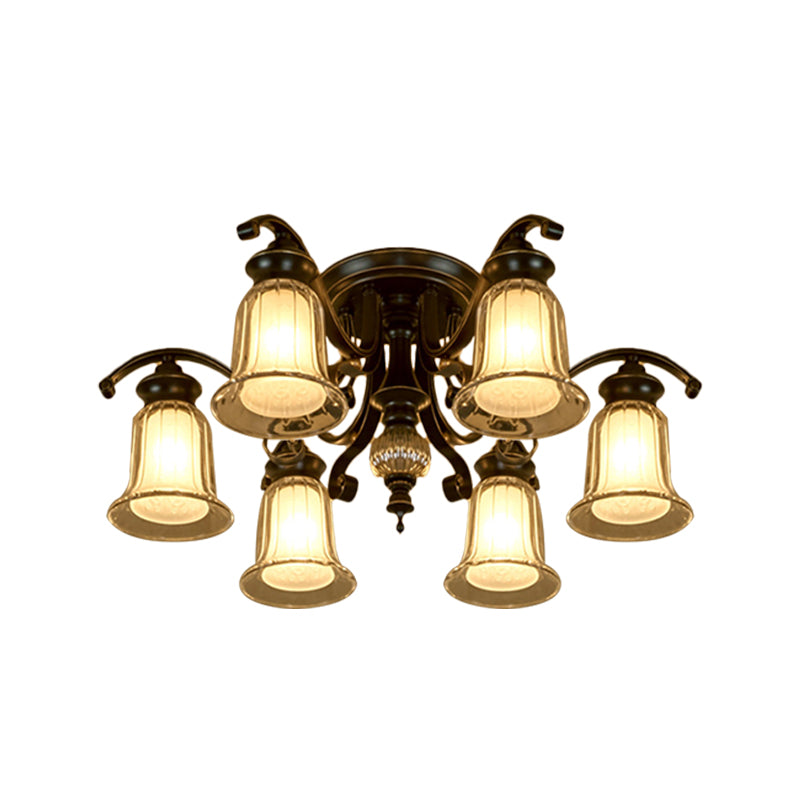 3/6 Bulbs Ceiling Fixture Cottage Dual Bell Clear and Opal Glass Semi Flush Mount in Black Clearhalo 'Ceiling Lights' 'Close To Ceiling Lights' 'Close to ceiling' 'Semi-flushmount' Lighting' 1649462