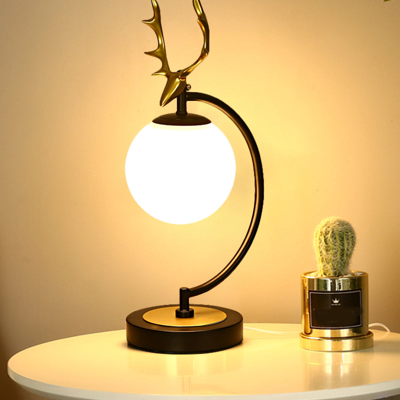 Globe Reading Light Cartoon White Glass 1-Light Black/Gold with Deer Design for Bedroom Black Clearhalo 'Lamps' 'Table Lamps' Lighting' 1649464