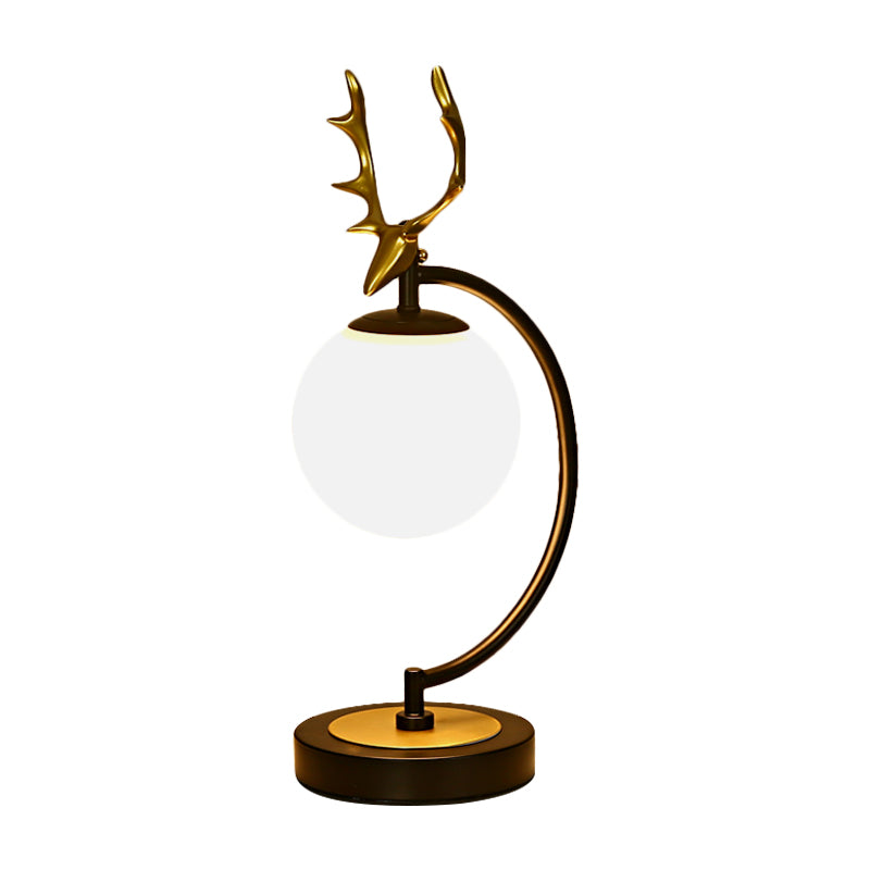 Globe Reading Light Cartoon White Glass 1-Light Black/Gold with Deer Design for Bedroom Clearhalo 'Lamps' 'Table Lamps' Lighting' 1649466