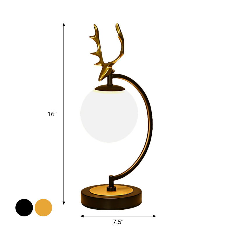Globe Reading Light Cartoon White Glass 1-Light Black/Gold with Deer Design for Bedroom Clearhalo 'Lamps' 'Table Lamps' Lighting' 1649467