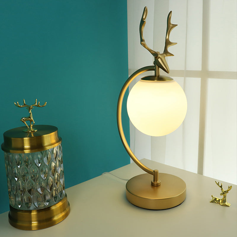 Globe Reading Light Cartoon White Glass 1-Light Black/Gold with Deer Design for Bedroom Gold Clearhalo 'Lamps' 'Table Lamps' Lighting' 1649468