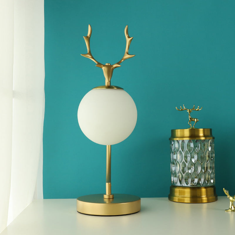 Globe Reading Light Cartoon White Glass 1-Light Black/Gold with Deer Design for Bedroom Clearhalo 'Lamps' 'Table Lamps' Lighting' 1649469