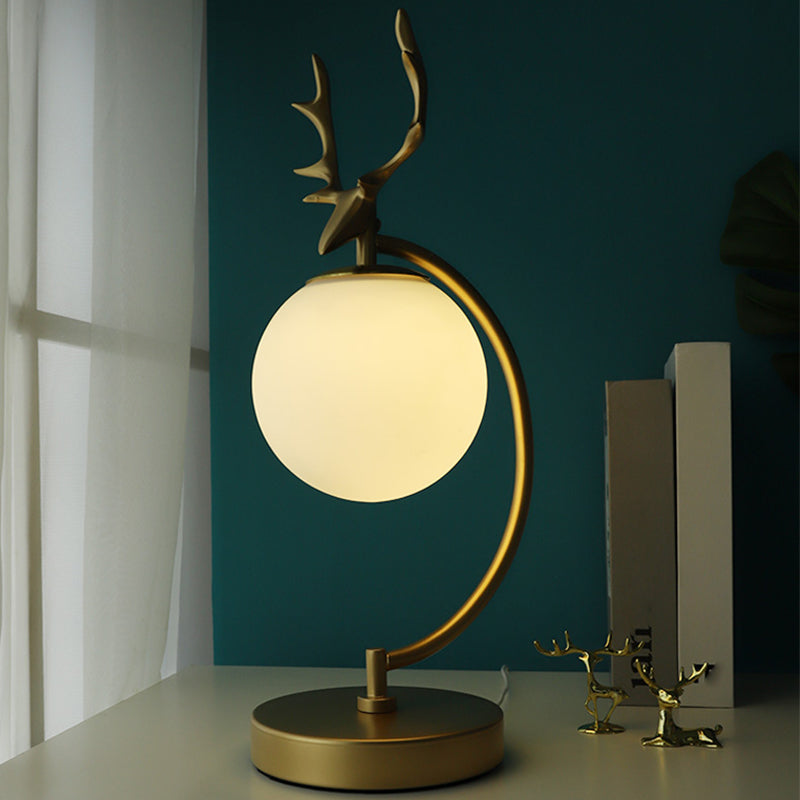 Globe Reading Light Cartoon White Glass 1-Light Black/Gold with Deer Design for Bedroom Clearhalo 'Lamps' 'Table Lamps' Lighting' 1649470