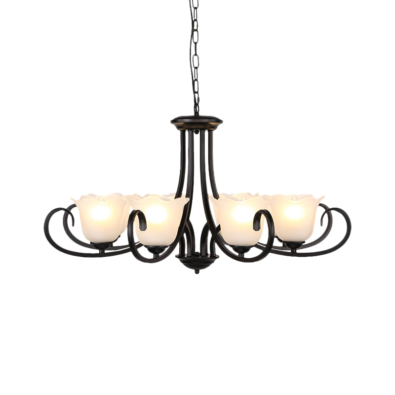 Black 4/6/8-Bulb Ceiling Chandelier Warehouse Frosted Glass Flower Hanging Light Kit with Scroll Arm Clearhalo 'Ceiling Lights' 'Chandeliers' Lighting' options 1649527