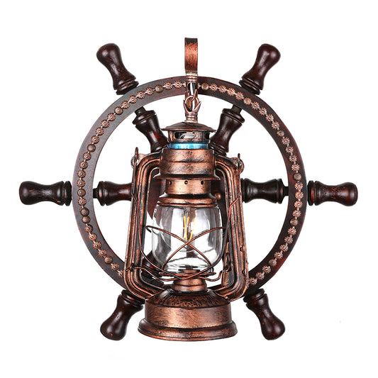Weathered Copper Kerosene Wall Lighting Coastal Clear Glass 1 Light Bedroom Sconce Light Fixture with Wheel Clearhalo 'Industrial wall lights' 'Industrial' 'Middle century wall lights' 'Rustic wall lights' 'Tiffany' 'Wall Lamps & Sconces' 'Wall Lights' Lighting' 164952