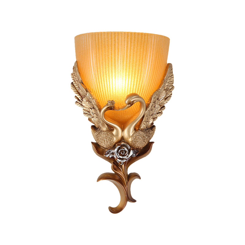 Gold Single Head Sconce Light Rustic Amber Fluted Glass Tapered Wall Mounted Lighting with Swan and Flower Design Clearhalo 'Wall Lamps & Sconces' 'Wall Lights' Lighting' 1649531