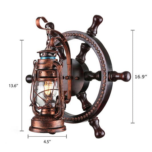 Weathered Copper Kerosene Wall Lighting Coastal Clear Glass 1 Light Bedroom Sconce Light Fixture with Wheel Clearhalo 'Industrial wall lights' 'Industrial' 'Middle century wall lights' 'Rustic wall lights' 'Tiffany' 'Wall Lamps & Sconces' 'Wall Lights' Lighting' 164954
