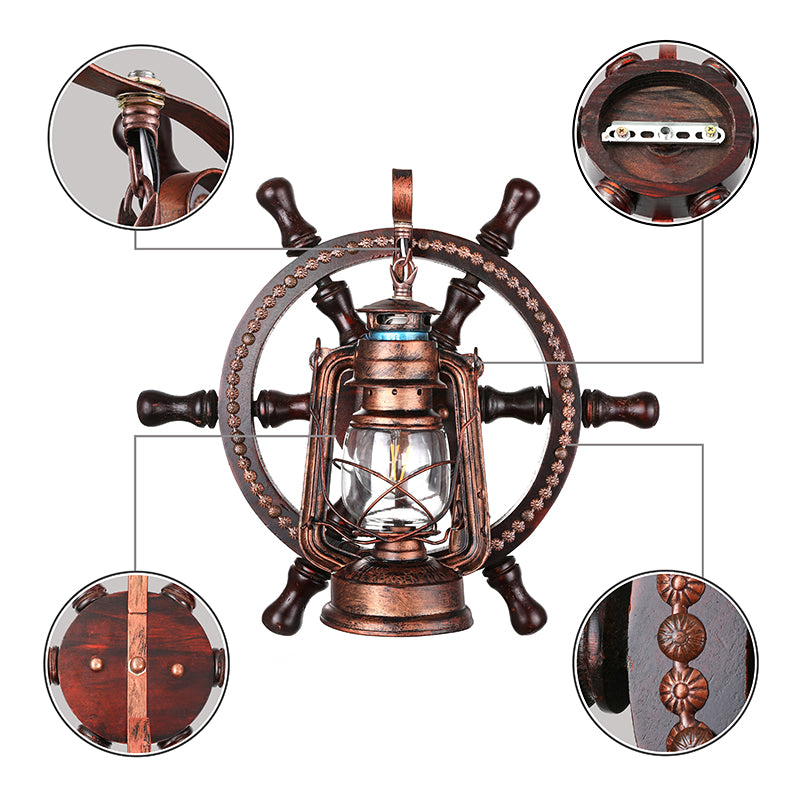 Weathered Copper Kerosene Wall Lighting Coastal Clear Glass 1 Light Bedroom Sconce Light Fixture with Wheel Clearhalo 'Industrial wall lights' 'Industrial' 'Middle century wall lights' 'Rustic wall lights' 'Tiffany' 'Wall Lamps & Sconces' 'Wall Lights' Lighting' 164955
