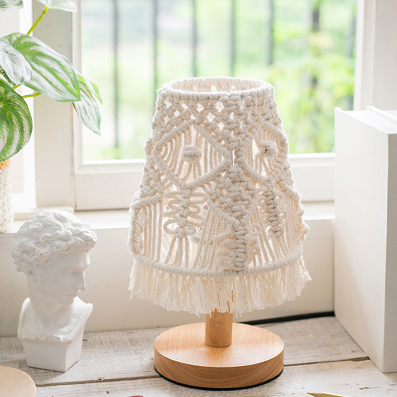 Conical Nightstand Lamp Modernism Fabric 1 Bulb White Reading Light with Fringe Decor White Clearhalo 'Lamps' 'Table Lamps' Lighting' 1649599