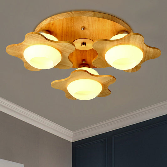 Wood Floral Semi Mount Modern 3/5 Lights Beige Flushmount Lighting with Sphere Milk Glass Shade 3 Wood Clearhalo 'Ceiling Lights' 'Close To Ceiling Lights' 'Close to ceiling' 'Semi-flushmount' Lighting' 1649603