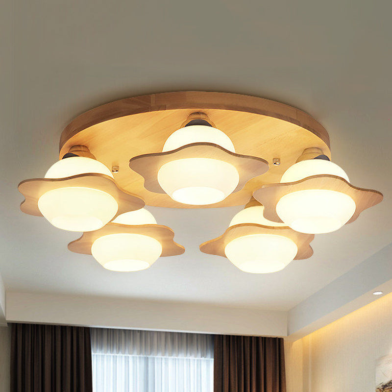 Wood Floral Semi Mount Modern 3/5 Lights Beige Flushmount Lighting with Sphere Milk Glass Shade 5 Wood Clearhalo 'Ceiling Lights' 'Close To Ceiling Lights' 'Close to ceiling' 'Semi-flushmount' Lighting' 1649607