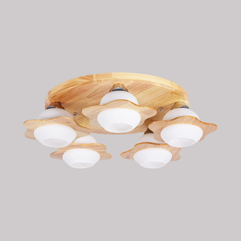 Wood Floral Semi Mount Modern 3/5 Lights Beige Flushmount Lighting with Sphere Milk Glass Shade Clearhalo 'Ceiling Lights' 'Close To Ceiling Lights' 'Close to ceiling' 'Semi-flushmount' Lighting' 1649609
