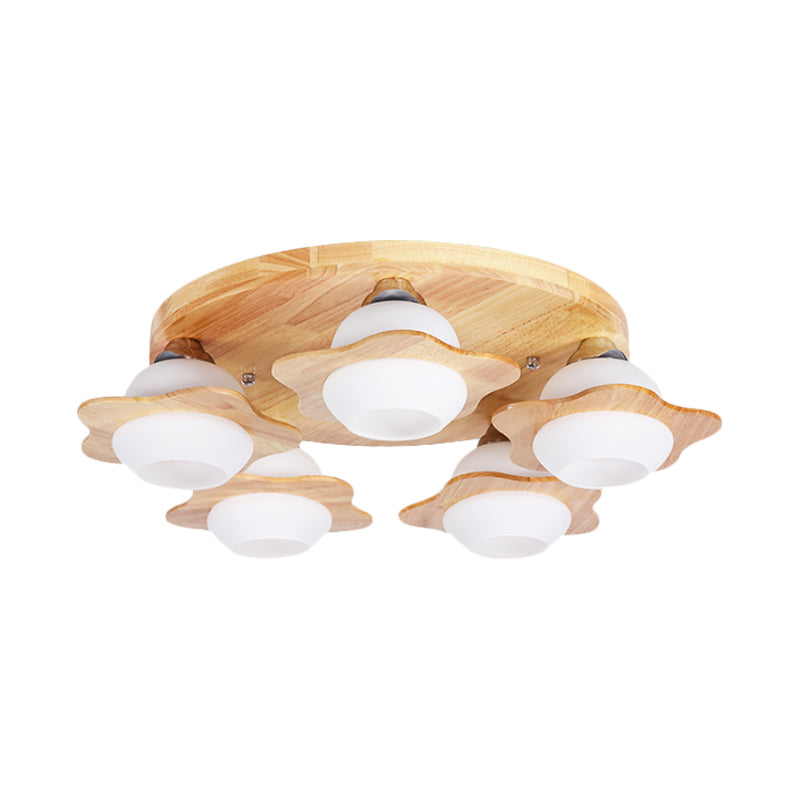 Wood Floral Semi Mount Modern 3/5 Lights Beige Flushmount Lighting with Sphere Milk Glass Shade Clearhalo 'Ceiling Lights' 'Close To Ceiling Lights' 'Close to ceiling' 'Semi-flushmount' Lighting' 1649610