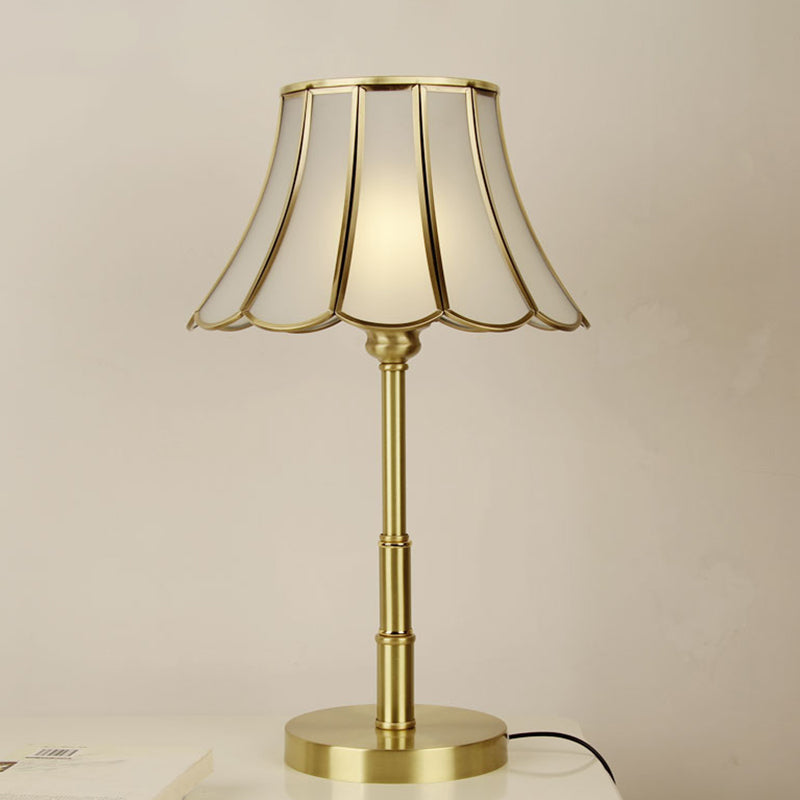 Scalloped Bedside Desk Lamp Vintage White Glass 1-Bulb Brass Reading Book Lighting Brass Clearhalo 'Lamps' 'Table Lamps' Lighting' 1649624