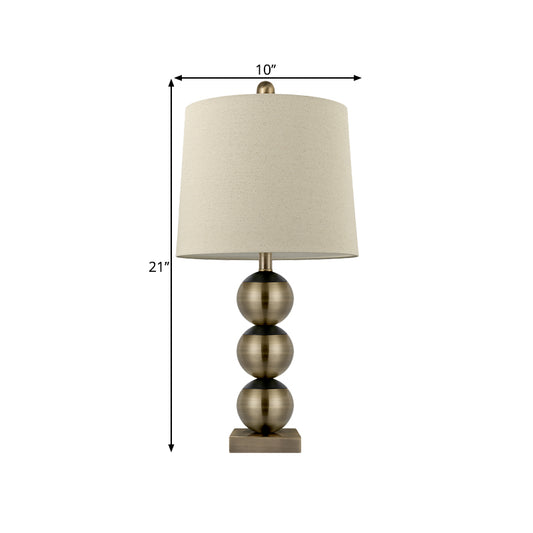 1 Head Barrel Night Light Traditional Brown Fabric Reading Book Lighting with 3 Brass Orbs Design Clearhalo 'Lamps' 'Table Lamps' Lighting' 1649649