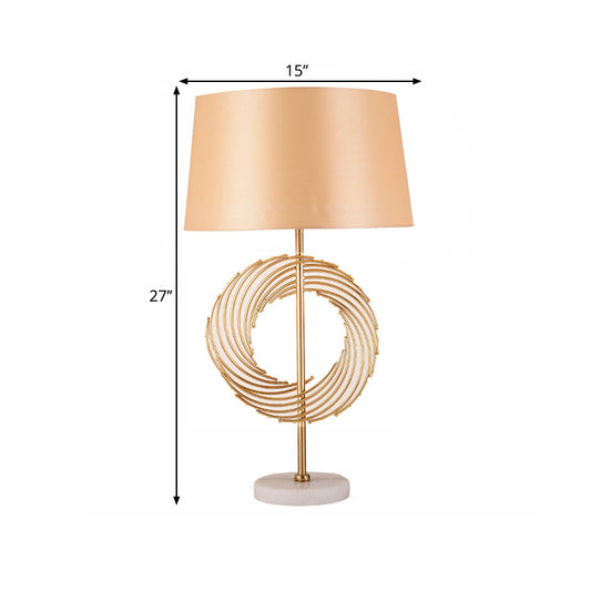 Drum Study Room Desk Lamp Vintage Fabric 1 Bulb Gold Night Table Light with Ring Decor Clearhalo 'Lamps' 'Table Lamps' Lighting' 1649653