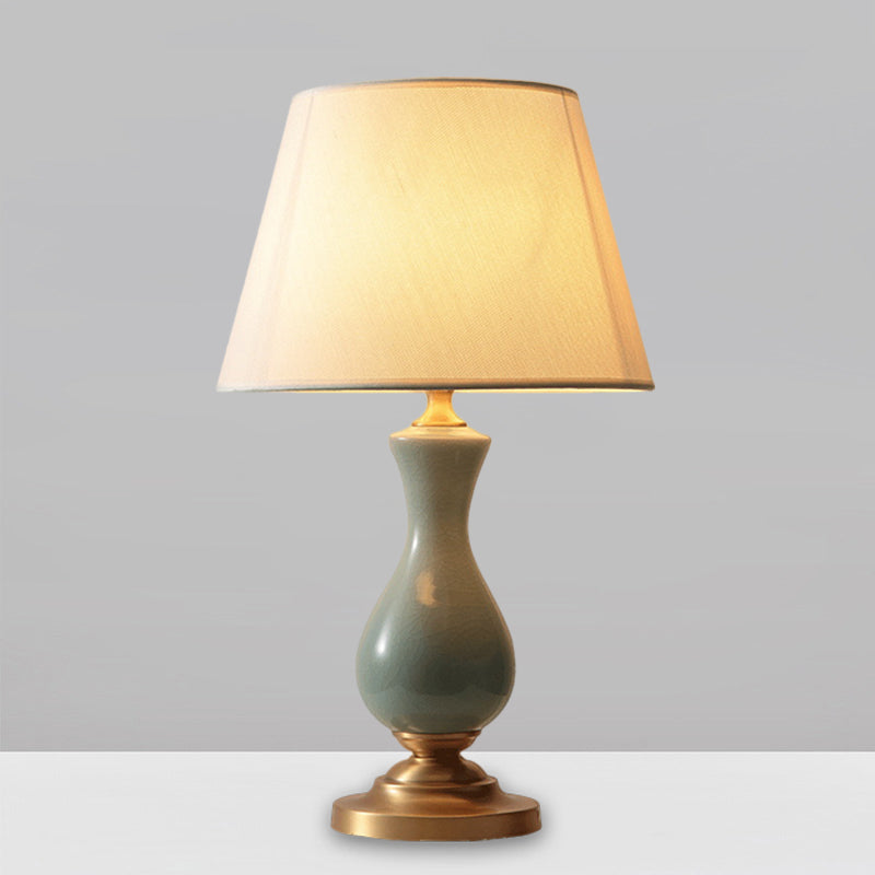 Fabric White Reading Lamp Tapered Single Light Antiqued Night Light with Green Gourd Decor Clearhalo 'Lamps' 'Table Lamps' Lighting' 1649676