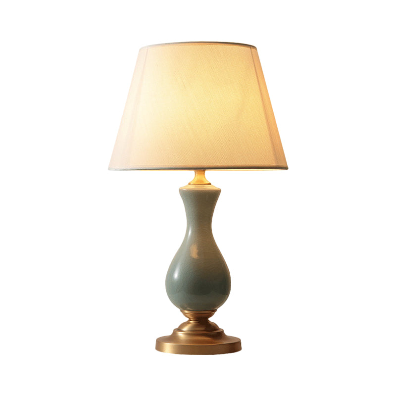 Fabric White Reading Lamp Tapered Single Light Antiqued Night Light with Green Gourd Decor Clearhalo 'Lamps' 'Table Lamps' Lighting' 1649677