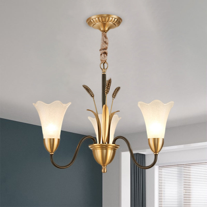 Traditional Blossom Chandelier Lamp 3/6 Heads Cream Glass Suspension Lighting Fixture with Curved Arm in Brass Clearhalo 'Ceiling Lights' 'Chandeliers' 'Glass shade' 'Glass' Lighting' 1649693