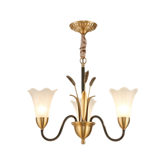 Traditional Blossom Chandelier Lamp 3/6 Heads Cream Glass Suspension Lighting Fixture with Curved Arm in Brass Clearhalo 'Ceiling Lights' 'Chandeliers' 'Glass shade' 'Glass' Lighting' 1649694
