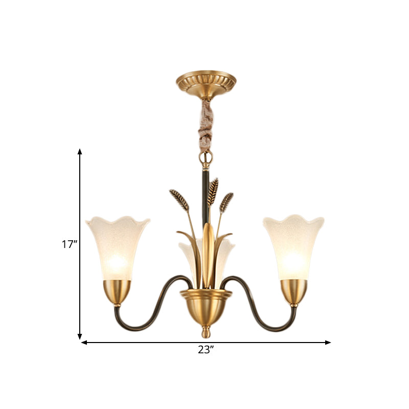 Traditional Blossom Chandelier Lamp 3/6 Heads Cream Glass Suspension Lighting Fixture with Curved Arm in Brass Clearhalo 'Ceiling Lights' 'Chandeliers' 'Glass shade' 'Glass' Lighting' 1649695