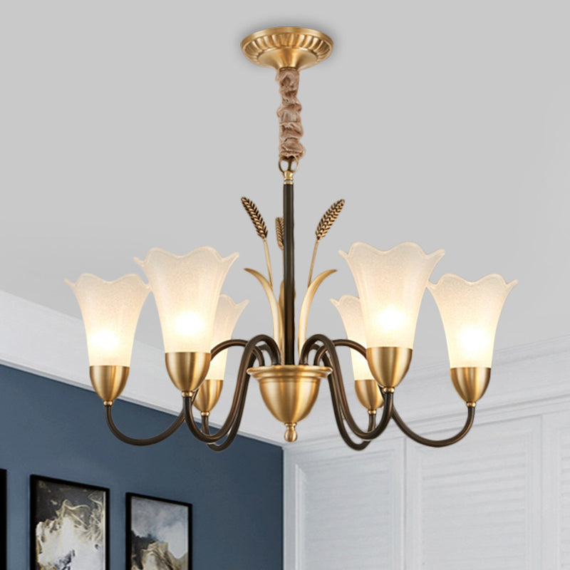 Traditional Blossom Chandelier Lamp 3/6 Heads Cream Glass Suspension Lighting Fixture with Curved Arm in Brass 6 Brass Clearhalo 'Ceiling Lights' 'Chandeliers' 'Glass shade' 'Glass' Lighting' 1649696