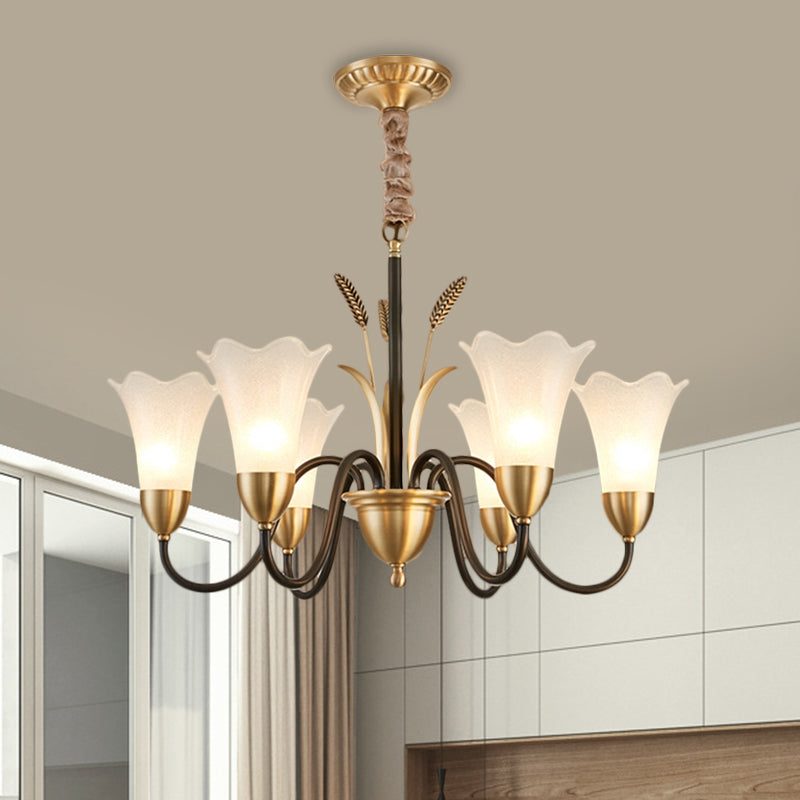Traditional Blossom Chandelier Lamp 3/6 Heads Cream Glass Suspension Lighting Fixture with Curved Arm in Brass Clearhalo 'Ceiling Lights' 'Chandeliers' 'Glass shade' 'Glass' Lighting' 1649697