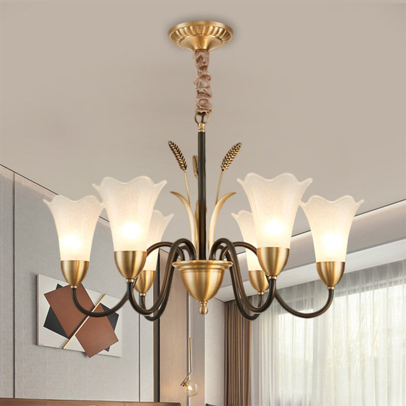 Traditional Blossom Chandelier Lamp 3/6 Heads Cream Glass Suspension Lighting Fixture with Curved Arm in Brass Clearhalo 'Ceiling Lights' 'Chandeliers' 'Glass shade' 'Glass' Lighting' 1649698