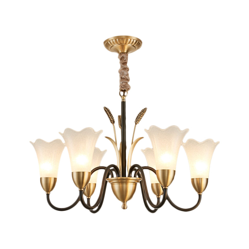 Traditional Blossom Chandelier Lamp 3/6 Heads Cream Glass Suspension Lighting Fixture with Curved Arm in Brass Clearhalo 'Ceiling Lights' 'Chandeliers' 'Glass shade' 'Glass' Lighting' 1649699
