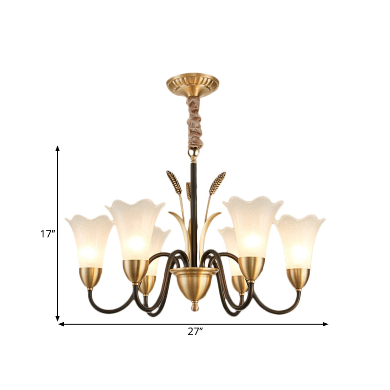 Traditional Blossom Chandelier Lamp 3/6 Heads Cream Glass Suspension Lighting Fixture with Curved Arm in Brass Clearhalo 'Ceiling Lights' 'Chandeliers' 'Glass shade' 'Glass' Lighting' 1649700