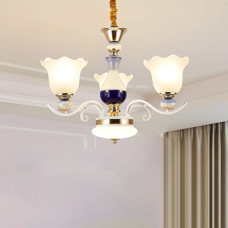 Bloom Dining Room Pendant Chandelier Antiqued Frosted Glass 3/6 Lights White Curvy Arm Suspension Lamp 3 White Clearhalo 'Ceiling Lights' 'Chandeliers' 'Glass shade' 'Glass' Lighting' 1649710