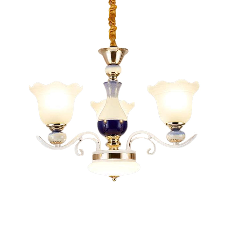 Bloom Dining Room Pendant Chandelier Antiqued Frosted Glass 3/6 Lights White Curvy Arm Suspension Lamp Clearhalo 'Ceiling Lights' 'Chandeliers' 'Glass shade' 'Glass' Lighting' 1649712