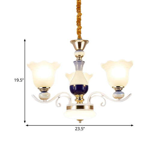 Bloom Dining Room Pendant Chandelier Antiqued Frosted Glass 3/6 Lights White Curvy Arm Suspension Lamp Clearhalo 'Ceiling Lights' 'Chandeliers' 'Glass shade' 'Glass' Lighting' 1649713