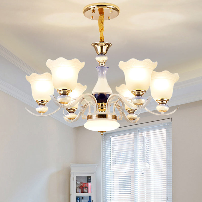 Bloom Dining Room Pendant Chandelier Antiqued Frosted Glass 3/6 Lights White Curvy Arm Suspension Lamp 6 White Clearhalo 'Ceiling Lights' 'Chandeliers' 'Glass shade' 'Glass' Lighting' 1649714