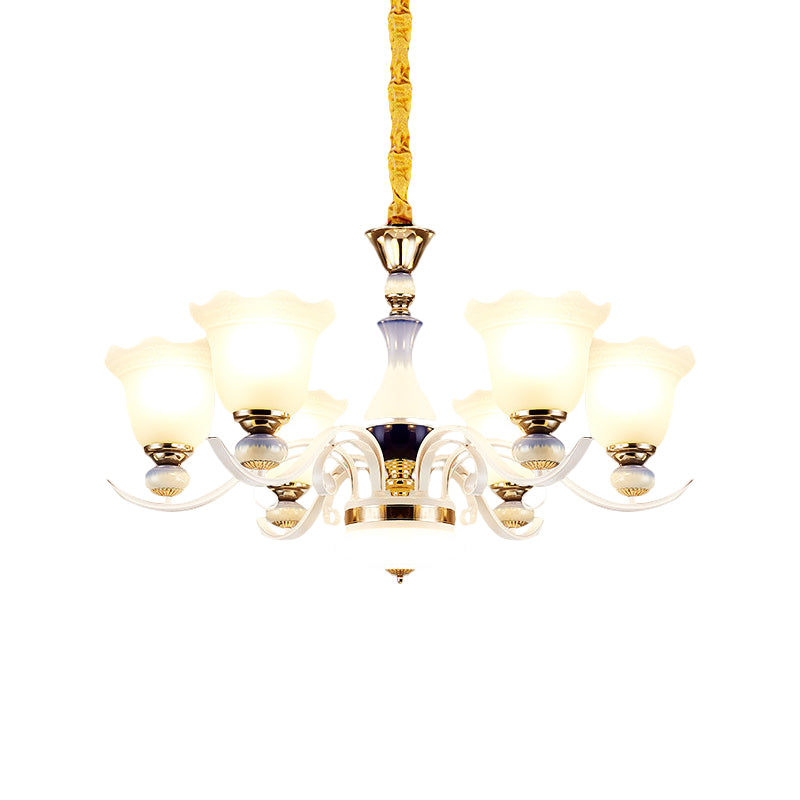 Bloom Dining Room Pendant Chandelier Antiqued Frosted Glass 3/6 Lights White Curvy Arm Suspension Lamp Clearhalo 'Ceiling Lights' 'Chandeliers' 'Glass shade' 'Glass' Lighting' 1649717