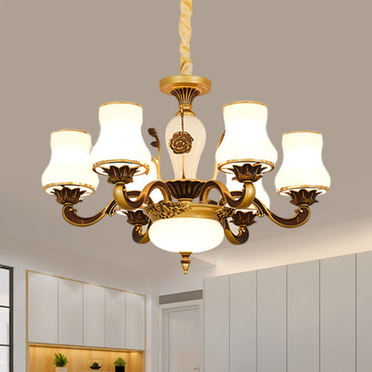 Brass 6/8-Head Pendant Lamp Retro Style Milky Glass Jar-Like Hanging Ceiling Light for Living Room 6 Brass Clearhalo 'Ceiling Lights' 'Chandeliers' 'Glass shade' 'Glass' 'Pendant Lights' Lighting' 1649719